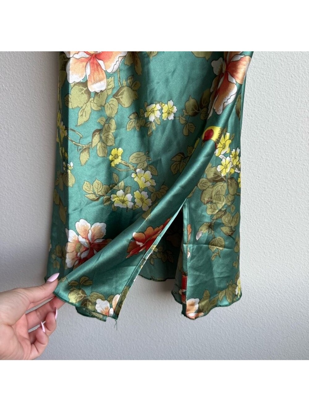 BOGO Green Floral Drape Neck Chest Strappy Mini Dress Satin - Picture 3 of 5